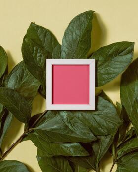 A frame with a pink square on a green leaf photo