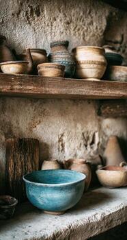 A shelf with many bowls and pots on it photo
