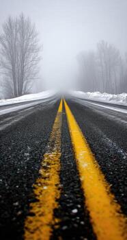 A snowy road with yellow lines on it photo