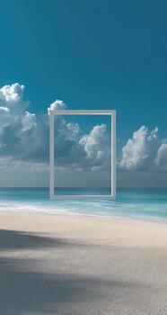 A white square frame on the beach with a blue sky photo