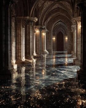 A long hallway with pillars and columns and a floor covered in water photo