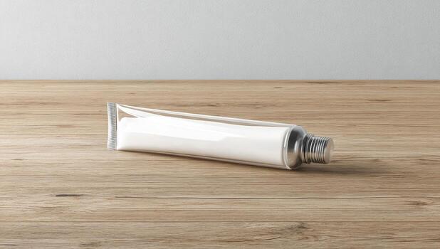 A tube of toothpaste on a wooden table photo
