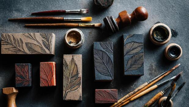 Various types of wood block printing tools and stamps photo