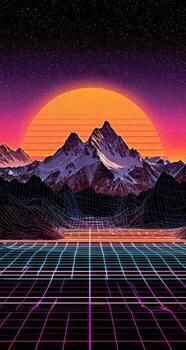 An 80s style poster of mountains and a sunset photo