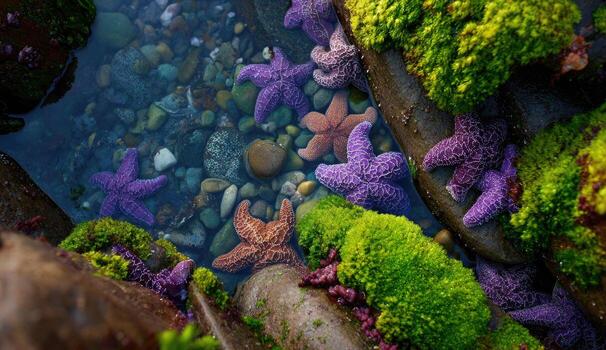 Starfishs and moss on rocks in a stream photo
