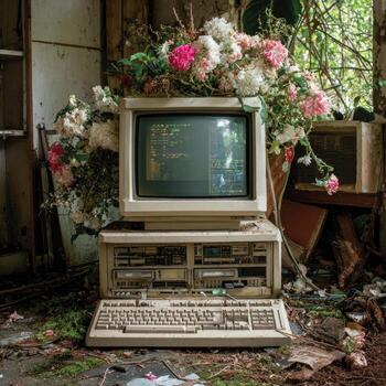 An old computer with flowers in the background photo
