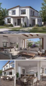 A collage of three different views of a modern home photo