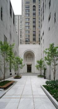 A courtyard with trees and benches in front of tall buildings photo
