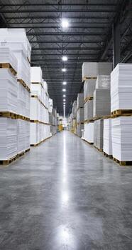 A large warehouse with stacks of white paper photo