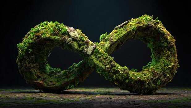 A moss covered infinity sign in the middle of the forest photo