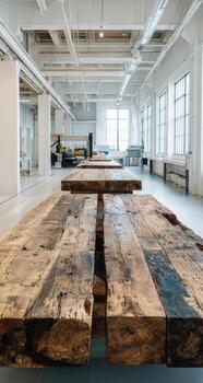 A large wooden table in an industrial building photo