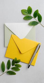 sobre con bolígrafo y verde hojas en blanco antecedentes foto