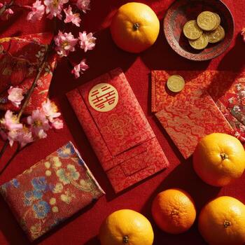 Chinese new year red envelopes, oranges and coins photo