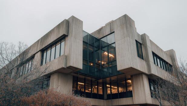 A building with many windows and a large glass wall photo