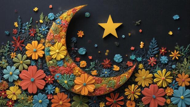 A crescent with flowers and stars on it photo