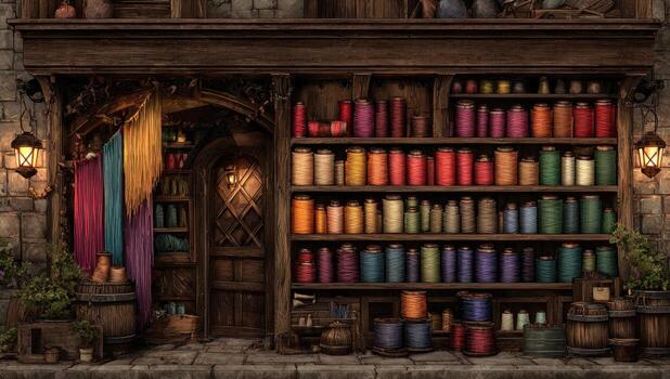 A shop with many spools of thread on the shelves photo