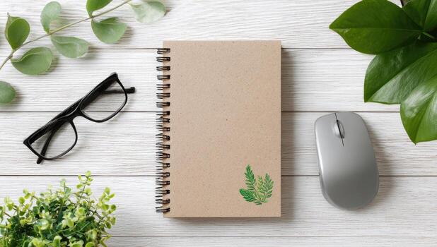 A notebook with a green plant on it, a mouse, and a pair of glasses photo