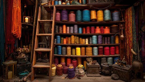 A room with many spools of thread and other items photo
