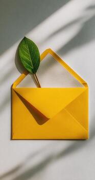 Yellow envelope with leaf on white background photo