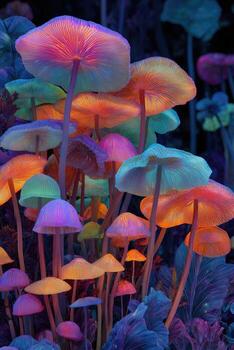 A group of colorful mushrooms in a field photo