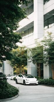 White car parked in front of a building photo