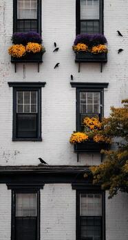 A building with windows with flowers on them photo