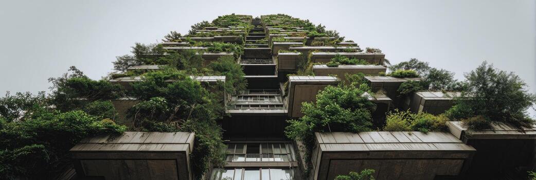 A tall building with trees growing on the top photo