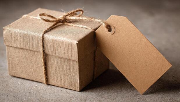 Gift box with tag on concrete background photo