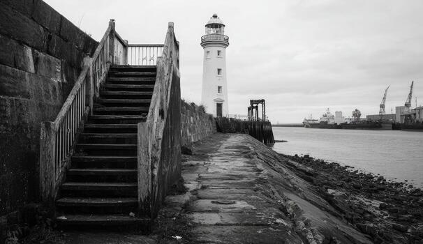 A black and white photo of a staircase leading to a lighthouse
