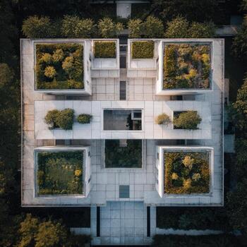 An aerial view of a building with green plants photo