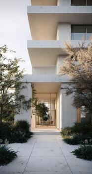 A modern building with a walkway and trees photo