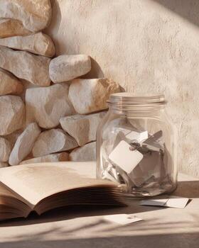 A book, a jar and a stone wall photo