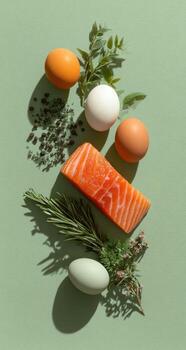 Salmon, eggs, herbs and spices on a green background photo