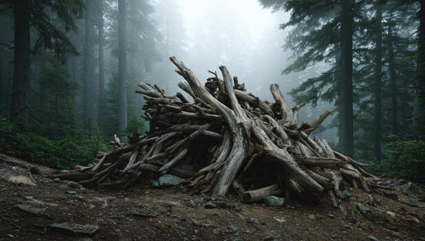 A pile of logs in the woods photo
