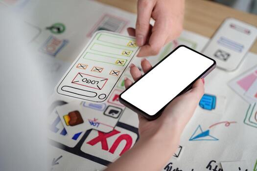 UX UI Design Collaboration with Smartphone and Sketches photo