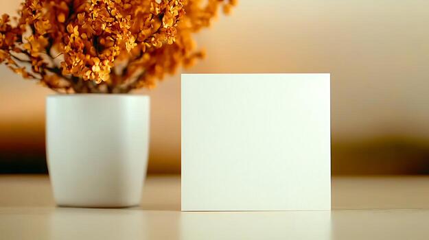 A blank card beside a white vase filled with dried flowers on a softly blurred background photo