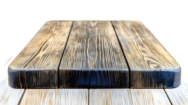 Close-up view of a rustic wooden tabletop with unique grain patterns, ideal for product photography photo