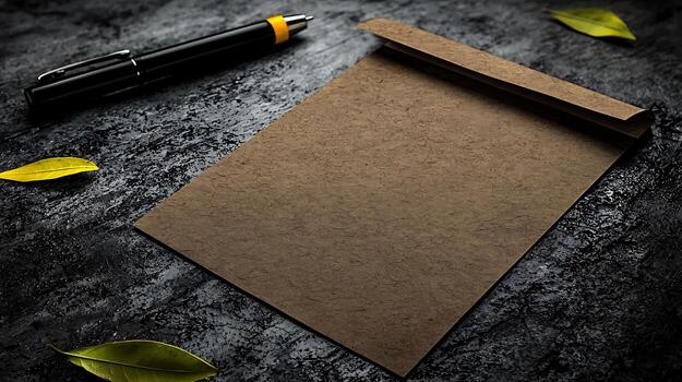 A blank notepad and pen on a textured dark surface with scattered leaves in the background photo