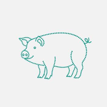 Cute cartoon pig made of dotted lines with a curly tail and friendly expression on a light vector
