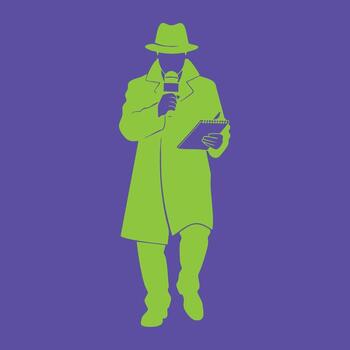 Silhouette of a person wearing a hat and coat holding a microphone and notepad against a solid background vector