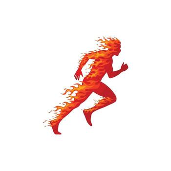 Dynamic fiery figure of a person running with flames trailing behind, symbolizing speed, energy, and intense motion in a minimalist style vector