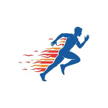 Dynamic silhouette of a runner in motion with fiery streaks emphasizing speed and energy in a minimalist style vector