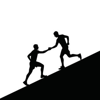 Two silhouetted figures on a steep incline, one helping the other to climb up in a symbolic gesture of support and teamwork vector