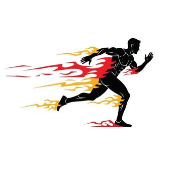 Dynamic silhouette of a sprinter running at full speed with fiery trails emphasizing motion and energy in a minimalist style vector