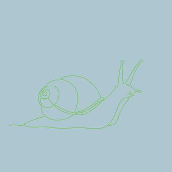 Minimalist line drawing of a snail with a coiled shell and extended body on a soft blue vector