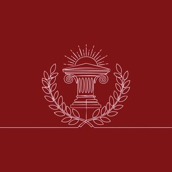 Elegant line art of a classical pedestal with sun rays and laurel wreath on a deep red , symbolizing achievement and honor vector