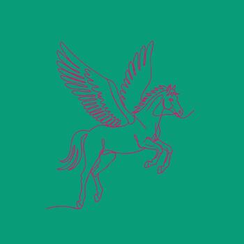 Elegant mythical creature with the body of a horse and large feathered wings, depicted in a minimalist line art style on a solid vector