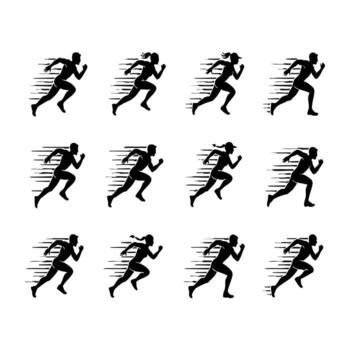 Multiple silhouettes of a person running in motion, arranged in a grid pattern, illustrating speed and athletic movement vector
