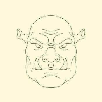 Detailed line drawing of an aggressive fantasy creature with pointed ears, sharp teeth, and intense expression on a light vector