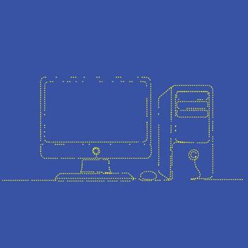 Dotted line drawing of a desktop computer setup with monitor, CPU tower, keyboard, and mouse on a solid vector